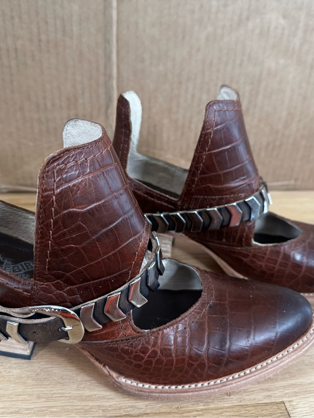 Freebird Steven Brown Croc-Texture Mary Jane Heels with Metallic Chain Accent